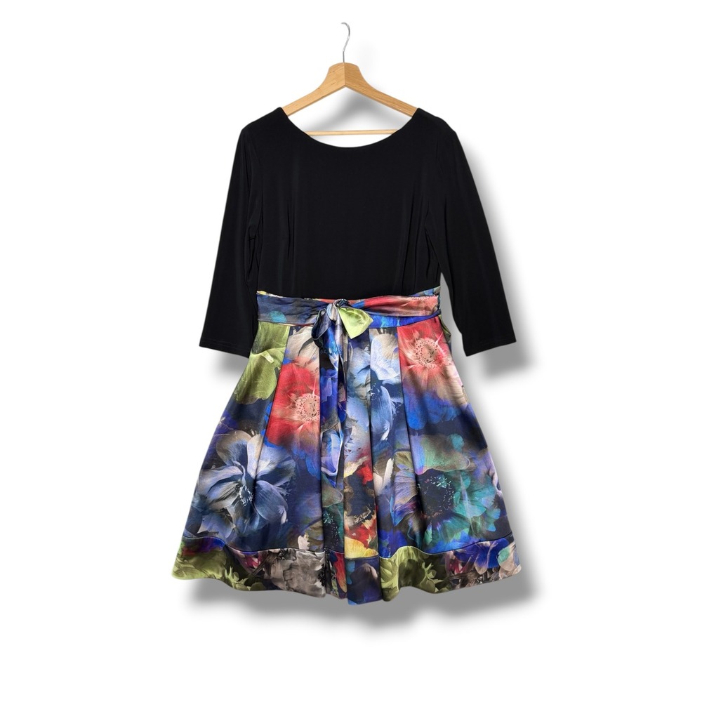 Joseph Ribkoff Floral Fit Flare Dress Black Multi Surplice Back Women's 12 NWT